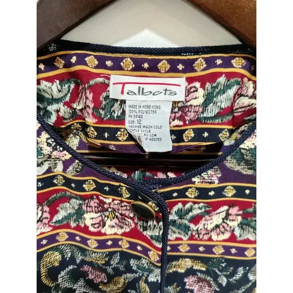 Talbots Vintage Floral Multicolor Long Sleeve Round Neck Button Up Top Blouse 12